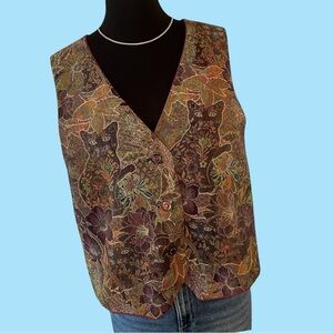 Handmade vintage tapestry vest floral cat jewel toned large